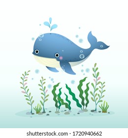 Vector illustration cute cartoon blue whale swimming underwater with seaweed.