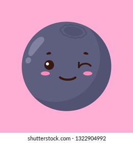 Vector illustration of cute cartoon blueberry with kawaii face on pink background. It can be used for sticker, patch, phone case, poster, t-shirt, mug and other design.