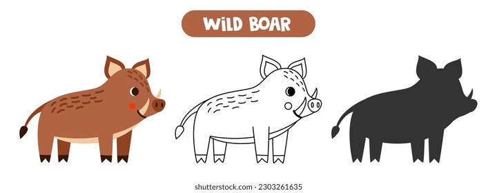 Vector illustration of cute cartoon boar. Coloring page. Vector silhouette.