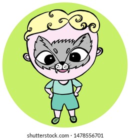 A vector illustration of cute cartoon boy having his face painted as a wolf.