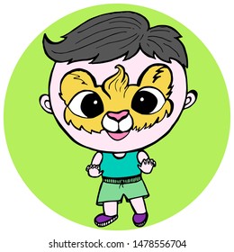 A vector illustration of cute cartoon boy having his face painted as a lion.