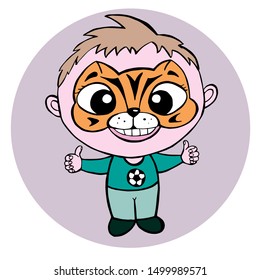 A vector illustration of cute cartoon boy having his face painted as a tiger.