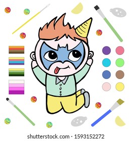 A vector illustration of cute cartoon boy having his face painted. Cover with professional materials for face paint. Paints, split cakes, sponges, brushes, stencils. Isolated on white