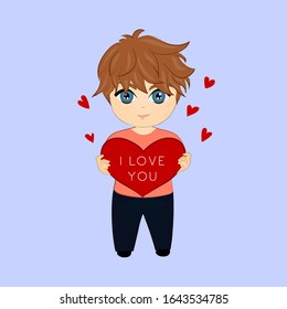 Vector illustration of cute cartoon boy holding big red heart with "I Love You" text. Valentine's Day Card. Wallpaper, flyers, invitation, posters, brochure, banners.