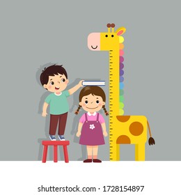 Vector illustration cute cartoon boy measuring height of little girl with giraffe height chart on the wall.