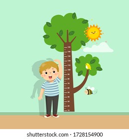 Vector Illustration cute Cartoon Junge Messung seiner Höhe mit Baum-Höhendiagramm an der Wand.