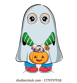 Vector illustration of cute cartoon boy in halloween ghost costume with candies isolated on white background