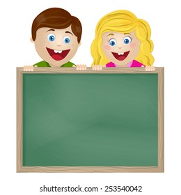 Vector illustration of cute cartoon boy and girl smilling and holding a green board