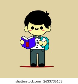 vector illustration of a cute cartoon boy character reading a book and carrying a backpack.