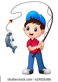 vector illustration of Cute cartoon boy fishing