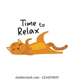 Vector illustration of cute cartoon brown cat, lettering relax to the max, cat resting after taking a bath isolated on white background