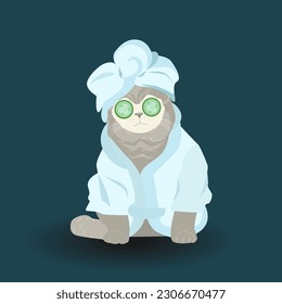 Vector illustration of cute cartoon brown cat with a white towel on his head, varicolored pillows, lettering relax to the max, cat resting after taking a bath isolated on white background