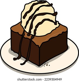 A vector illustration of a cute cartoon brownie cake with ice cream