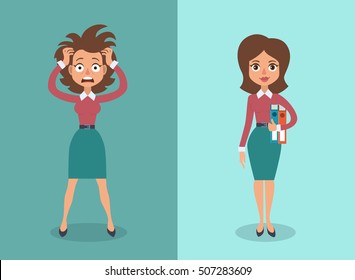 Vector Illustration Of Cute Cartoon Brunette Businesswoman In Stress And Calm States. 