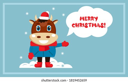 Vector illustration with cute cartoon bull. Merry christmas 
congratulations. 