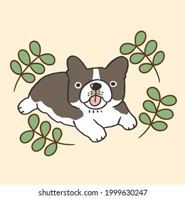 Vector Illustration of Cute Cartoon Bulldog Character and Leaf Design on Isolated Background