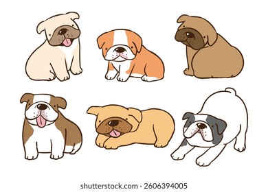Vector Illustration of Cute Cartoon Bulldog Dog Characters on Isolated Background. Hand Drawn Vector Illustration. Not AI Generated.