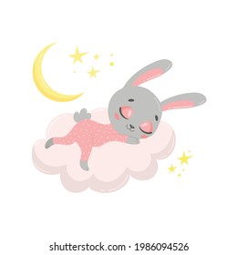 Vector illustration of a cute cartoon bunny sleeping on a cloud. Baby animals are sleeping.