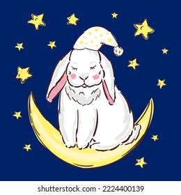Vector illustration of a cute cartoon bunny sleeping on a moon. Baby animals rabbit are sleeping.