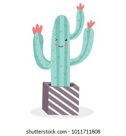 Vector illustration of cute cartoon cactus  funny face. Can be used for cards, invitations or like sticker