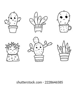 Ilustración vectorial de un lindo cactus de dibujos animados. Juego de contorno de cactus dibujado a mano. elementos naturales de la planta de cactus