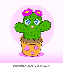 Vector illustration of a cute cartoon cactus. Nice, funny, joyful cactus for kindergarten, babies, books, cartoons. Objects of education and development of children.