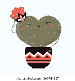 Vector illustration of cute cartoon cactus and flower with shape of heart in pot. can be used for Valentine's day greeting cards, invitations, stickers