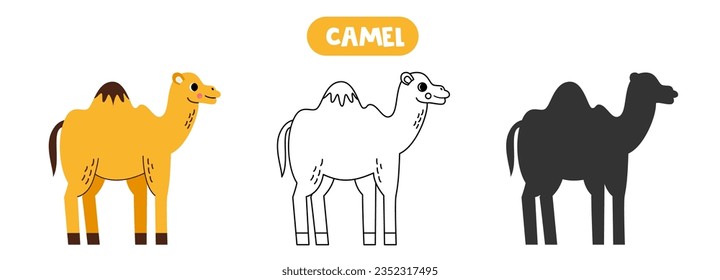 Vector illustration of cute cartoon camel. Coloring page. Vector silhouette.