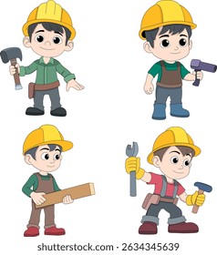 Vector illustration of cute cartoon carpenters wearing yellow helmets and work clothes, holding construction tools like hammer, wrench, drill, and wood plank