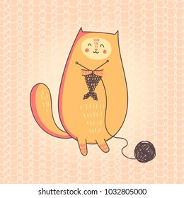 Vector illustration with cute cartoon cat knitting a fish.