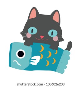 Vector illustration with cute cartoon cat holding a fish. Isolated on white.