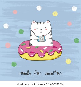 Vector illustration of cute cartoon cat swimming on pool ring inflatable pink donut among the sea isolated on a blue  scratch background, cartoon card in kawaii anime style, ready for vacation