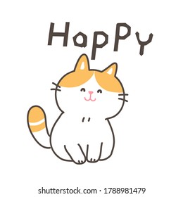Vektorgrafik der scharfen Cartoon-Katze mit dem Wort "Happy" auf weißem, isoliertem Hintergrund