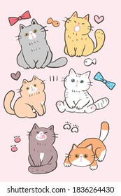 Vector Illustration of Cute Cartoon Cat Characters on Pink Isolated Background