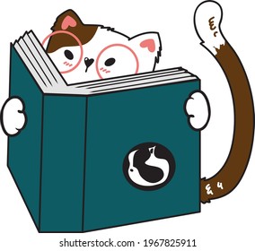 vector illustration of a cute cartoon cat reading a book