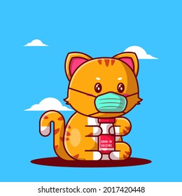 Vector Illustration of Cute Cartoon Cat wearing a mask and holding a Vaccine Bottle. Medicine and Vaccination Icon Concept