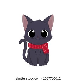 Vector illustration of a cute cartoon cat in a red scarf. Adorable little kitty. Isolated clip art on white background. Concept for Christmas Day and New Year. Winter concept.