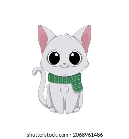 Vector illustration of a cute cartoon cat in a green scarf. Adorable little white kitty. Isolated clip art on white background. Concept for Christmas Day and New Year. Winter concept.