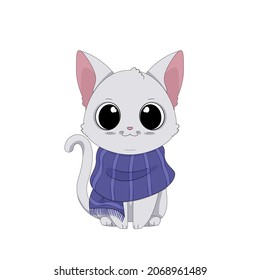 Vektorgrafik einer süßen Cartoon Katze in einem violetten Schal. Adorable kleine weiße Kätzchen. Isolierte Clipart-Kunst auf weißem Hintergrund. Konzept für Weihnachten und Neujahr. Winterkonzept.