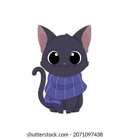 Vector illustration of a cute cartoon cat in a purple scarf. Adorable little black kitty. Isolated clip art on white background. Concept for Christmas Day and New Year. Winter concept.