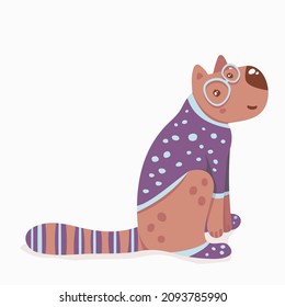 Vector illustration of cute cartoon cat with glasses, clothed in blue sweater and socks sitting and smiling on the white background. Modern hand drawn design. Isolated animal character.