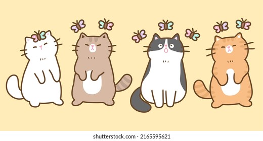 Ilustración vectorial de personajes lindos del gato de dibujos animados sobre fondo amarillo.