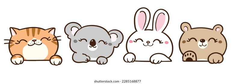 Vector Illustration of Cute Cartoon Cat, Koala, Rabbit and Bear Head Characters on Isolated Background