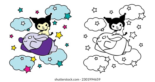 vector illustration of cute cartoon cat with cloud and stars for Coloring book children, drawing pages cover, screen printing shirts, printable clothing materials,   Presentations and decks materials