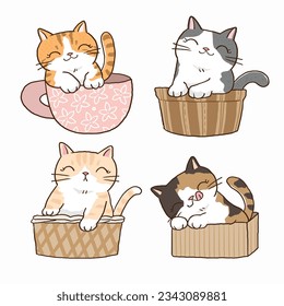 Vector Illustration of Cute Cartoon Cat Characters on Isolated Background