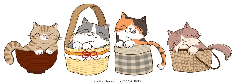 Vector Illustration of Cute Cartoon Cat Characters on Isolated Background