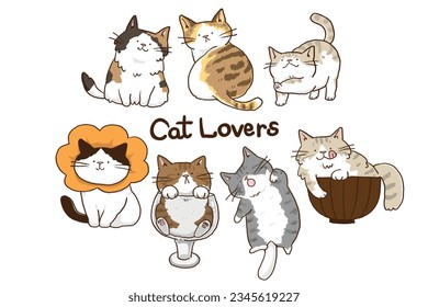 Vector Illustration of Cute Cartoon Cat Characters on Isolated Background