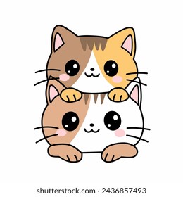 Vector Illustration of Cute Cartoon Cat Pile on Isolated Background. Two baby Kitten playing together.