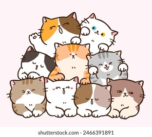 Vector Illustration of Cute Cartoon Cat Pile on Isolated Background