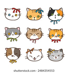 Vector Illustration of Cute Cartoon Cat Head Characters on Isolated Background